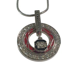 Gamecocks Pendant Necklace Rhinestone Circle Enamel Red Black Silver Clasp